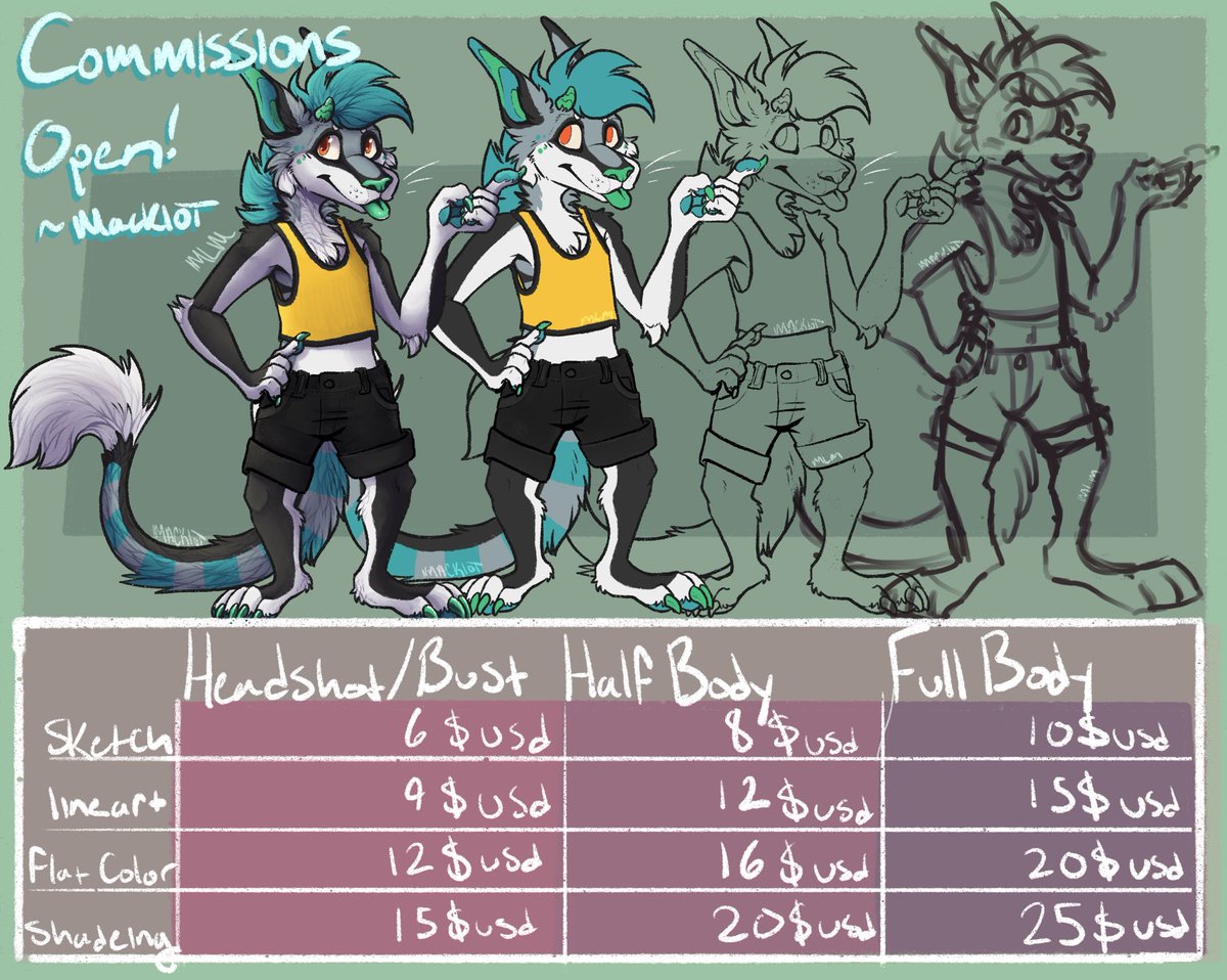 Mackiot's tweet image. Finally got my price sheet set up!!! SO SEMI EMERGENCY COMMISSIONS OPEN! I got bills to pay next month and because I was recently between jobs I might not have enough to pay them. I’m down to draw just about anything! Though mechs and tech I might struggle with. Also no NSFW!