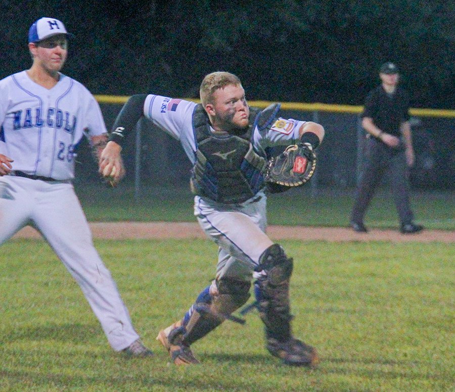 SCIStephanie's tweet image. BSB: Colt Reiling of @MalcolmBaseball seniors throws to first after fielding a ground ball July 22 against WDO. #legionbaseball #postseason #fieldyourposition
