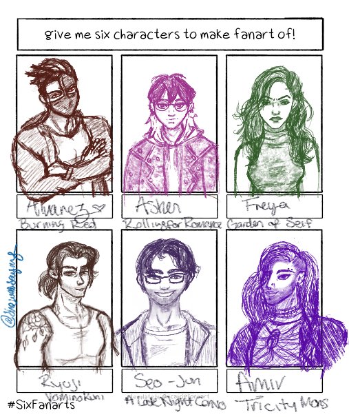 shewassaying's tweet image. Sorry it took so long!
Burning Red- Alvarez
Rolling for Romance- Asher
Garden of Seif- Freya
Yominokuni- Ryuji
Late Night Convo- Seo-Jun
Tricity Monsters- Amir
Thanks for the practice, this was fun!