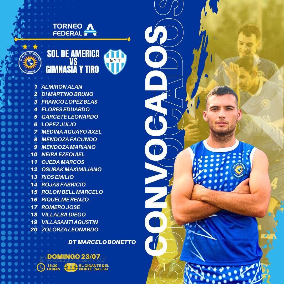 HOY JUEGA SOL

Por la fecha 22 del Torneo, el conjunto solense enfrenta en Salta a Gimnasia y Tiro.

🗓️Domingo 23/07
⏰ 15:30 hs
🏟️Estadio el Gigante del Norte

#DaleSol ☀️
#FederalA