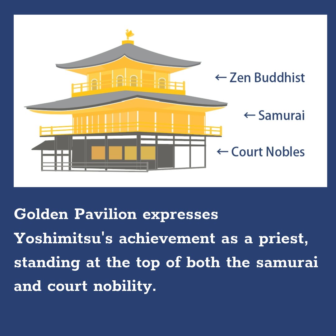 jhistories555's tweet photo. Golden Pavillion is a remarkable three-story architecture, from top to down, Buddhist, Samurai, and Court Nobles. It is the achievement of Shogun, Ashikaga Yoshimitsu. 
Follow @jhistories 
#japantravel #goldenpavillion #kinkakuji #kyoto #ashikagayoshimitsu #金閣寺 #足利義満 #京都 https://t.co/6rahNVScYp