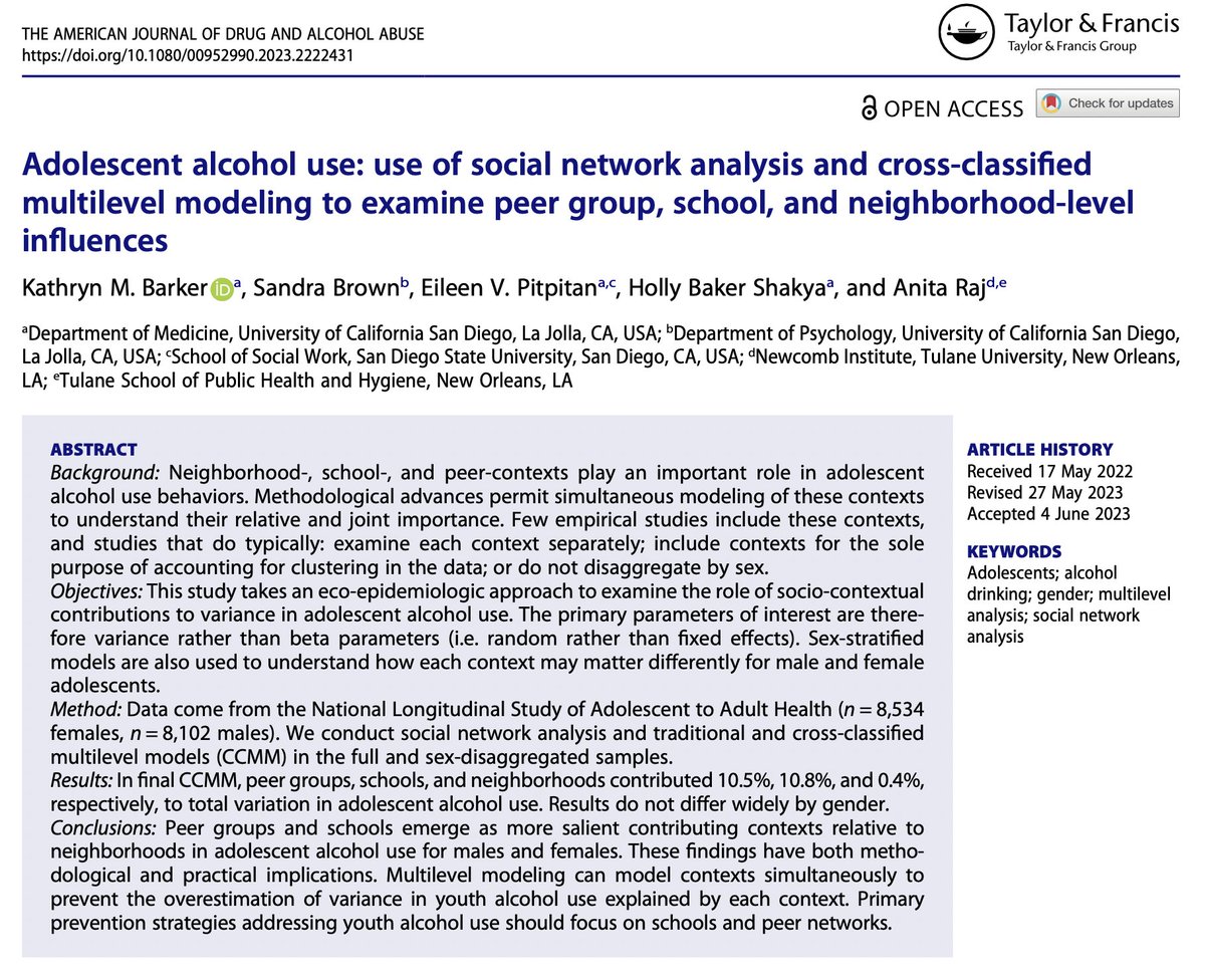 Adolescent alcohol use: use of #SocialNetworkAnalysis &amp; cross-classified multilevel modeling to examine peer group, school, &amp; neighborhood-level influences

@Barker_Kate <a href="/HollyBShakya/">Holly Baker Shakya</a> <a href="/AnitaRajNewcomb/">Anita Raj</a> et al

🔓 → doi.org/10.1080/009529…

#Adolescents #AlcoholUse #Gender #Peers