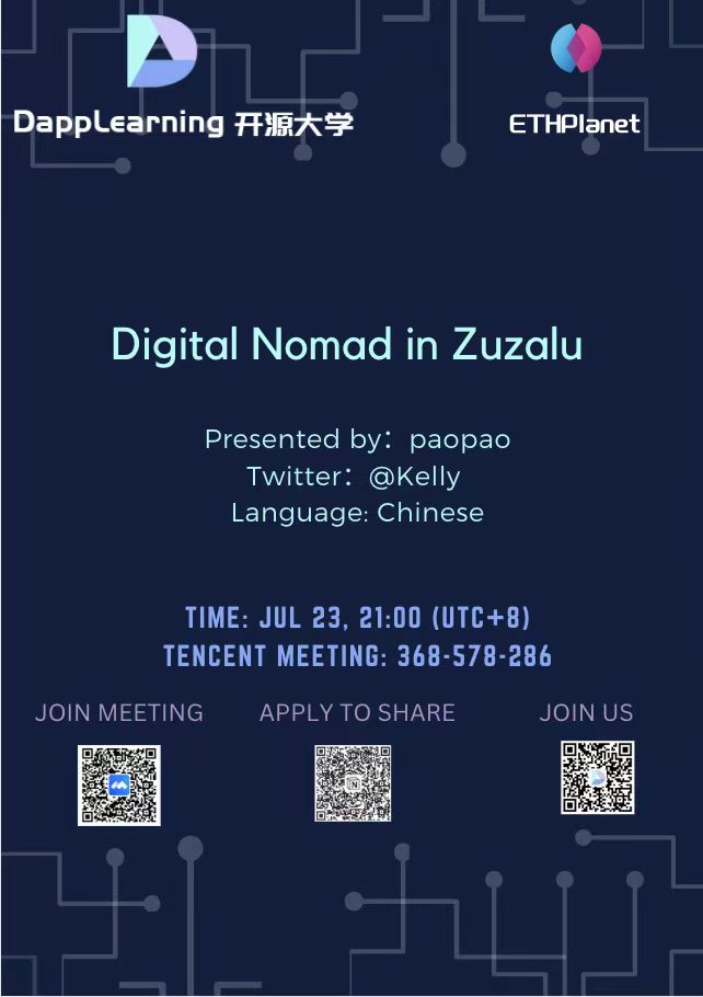 At 9:00pm ,Jul 23th (utc+8), we are excited to have Kelly to bring us a sharing about 'Digital Nomad in Zuzalu'. Don't miss this meeting if you are interested in!