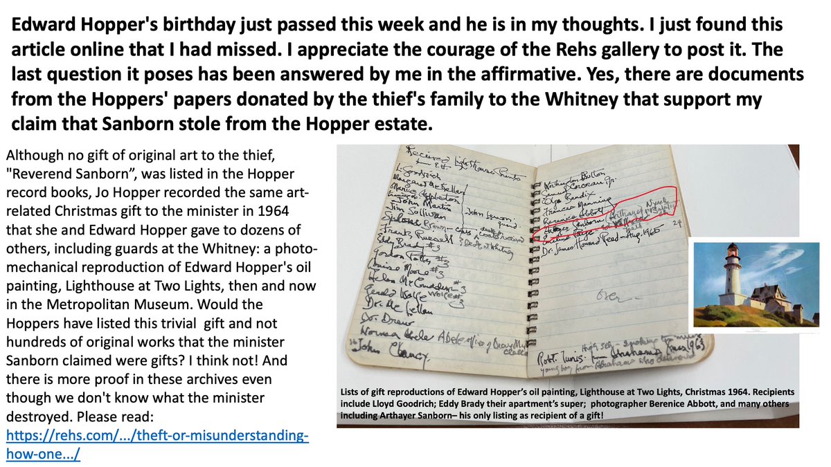ArtBiographer's tweet photo. #EdwardHopper's birthday &amp; found article. Applaud gallery's courage to post &amp; I affirm question: Yes, documents in Hoppers' papers donated by thief's family to Whitney back claim Sanborn stole from the Hopper estate. No gifts of original art to thief Sanborn, just a reproduction. https://t.co/jGA9KCyzIv