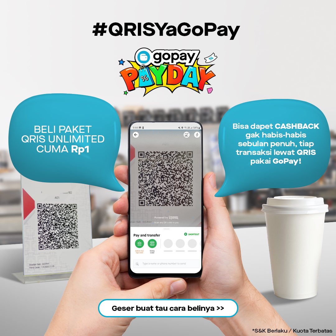 gopayindonesia's tweet photo. Asiiiik ada #GoPayPayDay lagi! 🥳

Beli QRIS Unlimited cuma Rp1, bisa dapat CASHBACK gak abis-abis tiap pakai QRIS buat belanja. https://t.co/MHR8qFBN4p