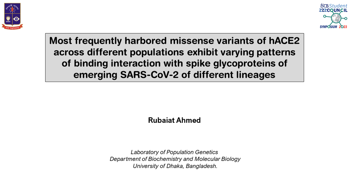 iscb_scs's tweet photo. Rubaiat Ahmed is presenting on variations in #SARSCoV2 binding interactions with hACE2 missense #variants across diverse population. 

@iscbsc #SCS2023 #Bioinformatics #ComputationalBiology #NetBio https://t.co/tbHOc3P1Nf