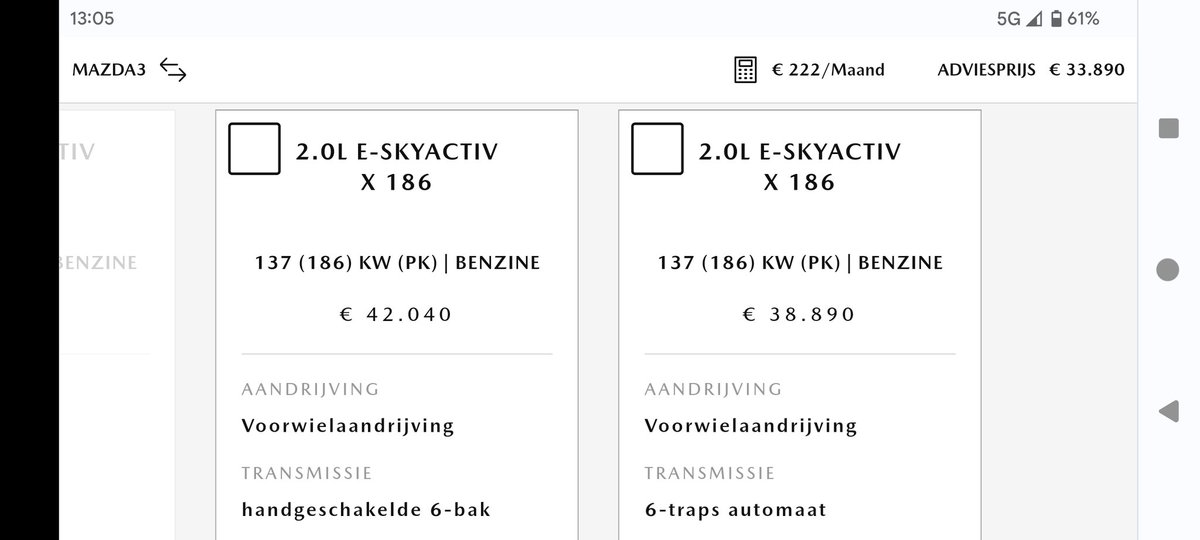 MaartenW's tweet photo. @MazdaNL Hier een screenshot van de configurator van de Mazda 3 sedan exclusive. Volgens mij zijn de prijzen van de handbak en de automaat omgedraaid, klopt dat? https://t.co/VY00lSw0Yn