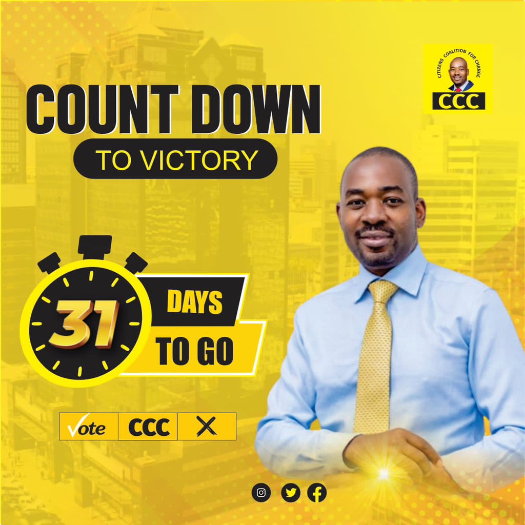 CCCZimbabwe's tweet photo. 🗳️COUNT DOWN TO VICTORY: Only 31 days until the election! Make sure your voice is heard and don't forget to vote. 

The dream of a new great Zimbabwe for EVERYONE is on the horizon. 

#Election2023 #YourVoteCounts #ZimElections https://t.co/TRfxqiY0WE