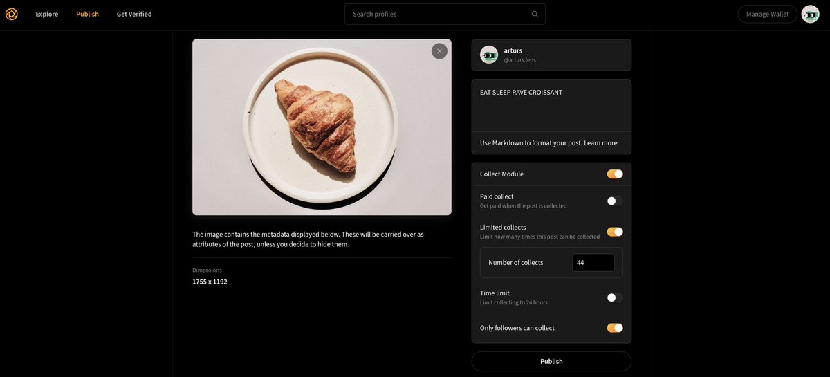One two three PUBLISH! Now you can: - Add a caption - Change the collect settings - Set a time limit - See the image dimensions and other metadata All that and more can now be done via app.lensta.xyz/publish Try it out and let us know what do you think!