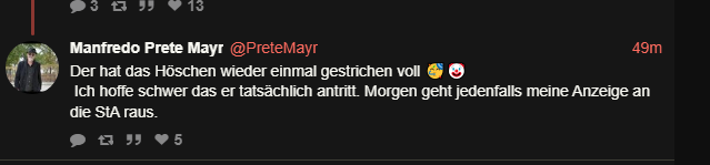 CSchwenniger's tweet photo. AUFRUF an die guten Freunde von #PreteMayr:
Herr Mayr hofft, dass ich gegen ihn antrete. Den Wunsch will ich ihm gerne erfüllen.
Bitte seid ihm bei der Erfüllung seines Wunsches behilflich und vermittelt mir seine Zustelladresse.
Lieber @Stefans_Tweety, lieber @RundaRudi: vielleicht könnt Ihr als Vermittler im Auftrag Mayrs mir seine Adresse per DM zukommen lassen? Da wäre ihm sehr geholfen, wie er selber stets betont. Danke! ⬇️