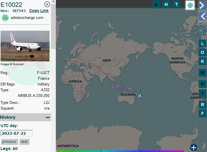 Macron se déplace en Océanie...

Déjà 4 Airbus A330 sur place.
F-UJCH  F-UJCN F-UJCT F-UJCK

Toute une armée de protection !

Un 5ème A330 F-RARF et un Falcon F-RAFA  avec Macron arrivent bientôt....

globe.adsbexchange.com/?icao=3b7567,3…

#PognonDeDingue