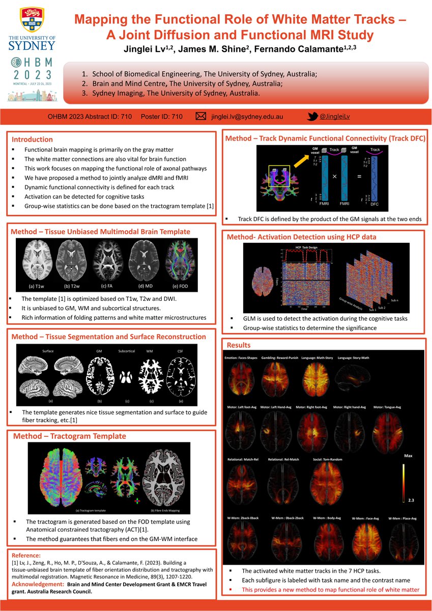 Welcome to our poster #710 #OHBM2023 @OHBM2023. We have fused dMRI and fMRI based on our recent multimodal tractogram template, and with that, we try to understand the functional role of white matter pathways in the human brain. <a href="/jmacshine/">Mac Shine</a> <a href="/fercalamante/">Fernando Calamante</a> <a href="/BrainMind_Usyd/">Brain & Mind Centre</a>