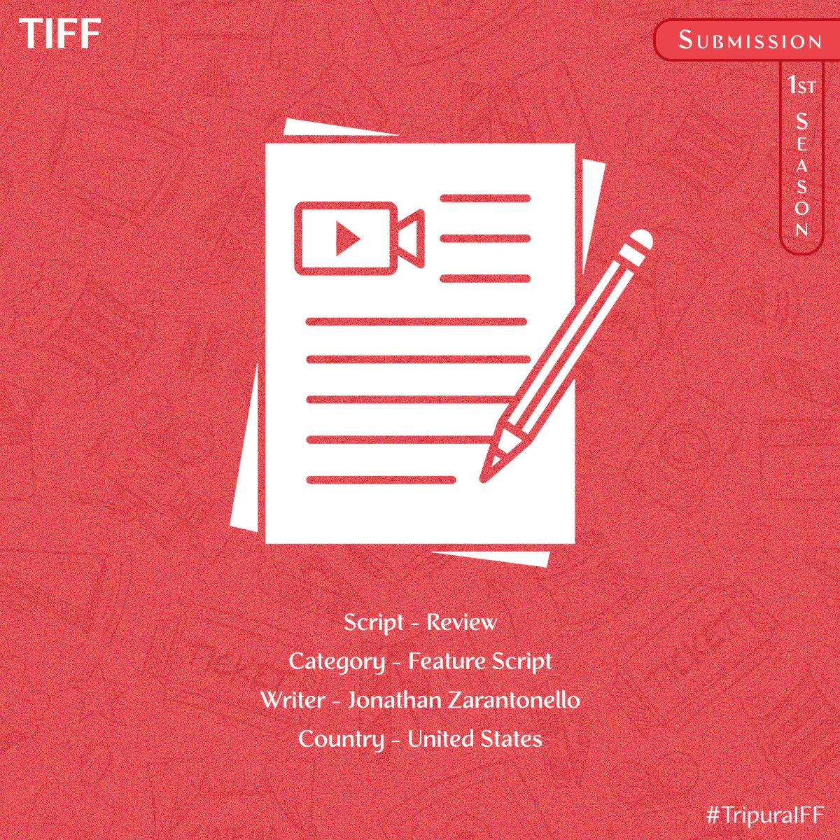 Recently submitted script "Review" written by Jonathan Zarantonello will compete for the Feature Script category of Tripura International Film Festival.

Submit your film/script/photography via @filmfreeway , link in our bio.

Thank you. Good luck.
#TripuraIFF 🎬