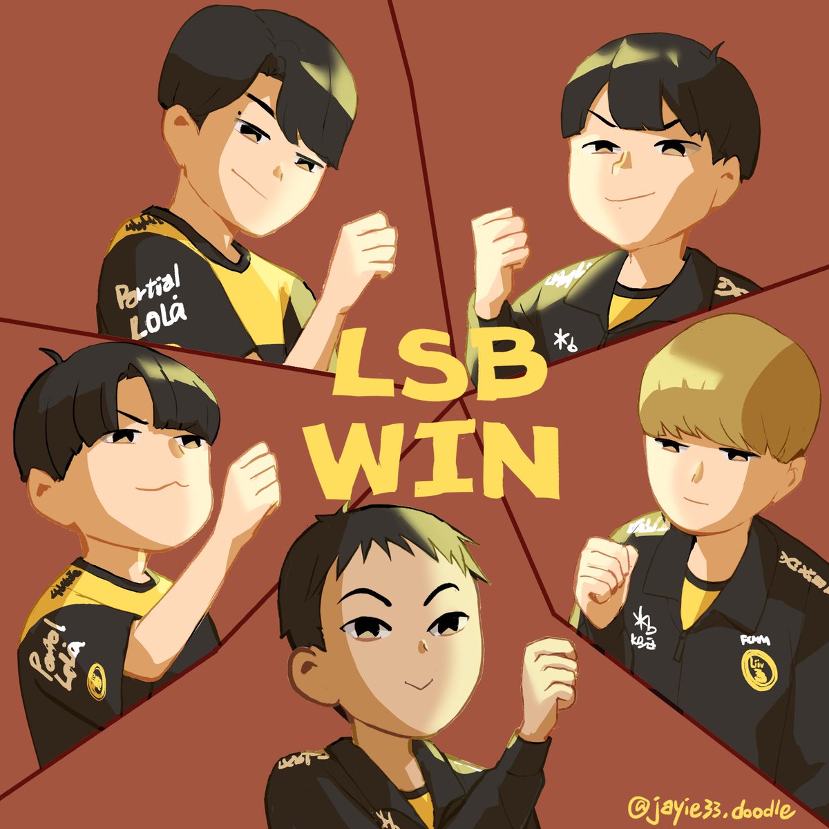 Jayie33's tweet photo. 勉強趕在比賽前畫好了✨
團體賽決賽加油💛💛💛
#Neal #JiMin #Byungsu #Hyunsu #Daldda #KDL #LSBWIN https://t.co/WXp0u2UTPo