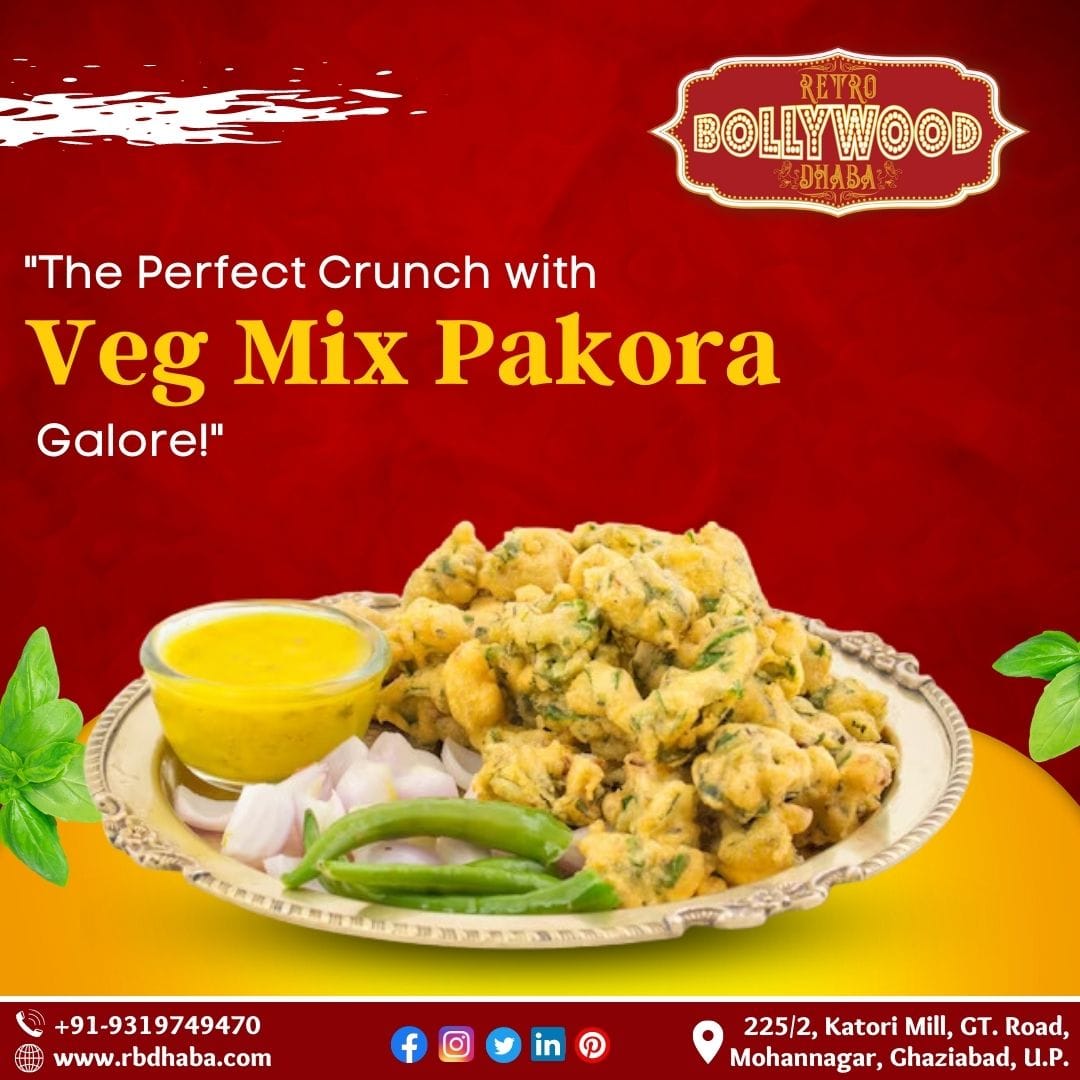 RetroBdhaba's tweet photo. "Delight in the crispy and flavorful Veg Mix Pakore at Retro Bollywood Dhaba! 🌱🍲" 

Indulge in the perfect blend of assorted vegetables, coated in a savory chickpea flour batter and deep-fried to golden perfection. 

#RBD #VegMixPakore #CrispyDelights #BollywoodFlavors #Foodie https://t.co/6BS5hwSQSn