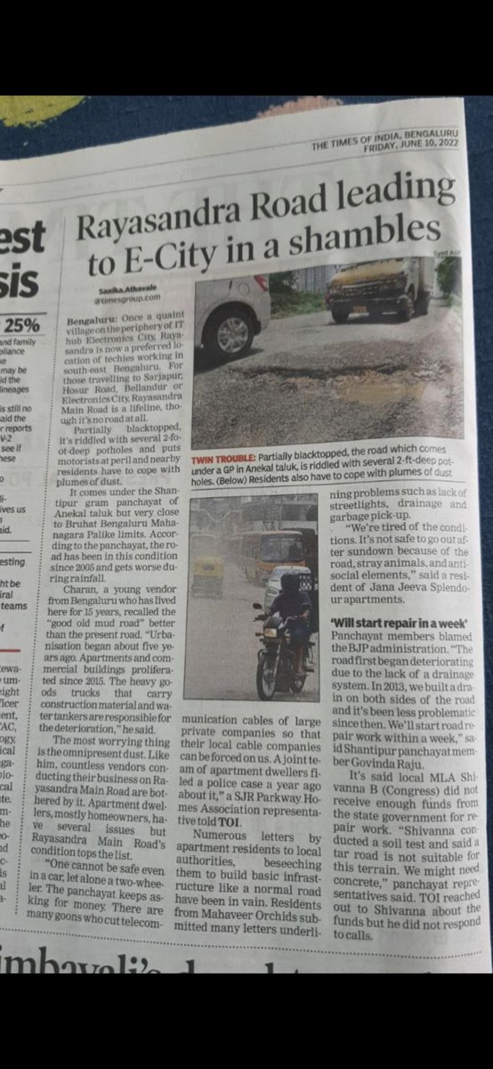 _RajanRian's tweet photo. @RahulGandhi @DKShivakumar @siddaramaiah @MLAShivanna And after winning this time he has again vanished. As you can see in the image he also posted a false road repair inauguration photo before the elections and then never got it. Here are some of his excuses that have been printed in the news paper https://t.co/p7Rc5x92CS