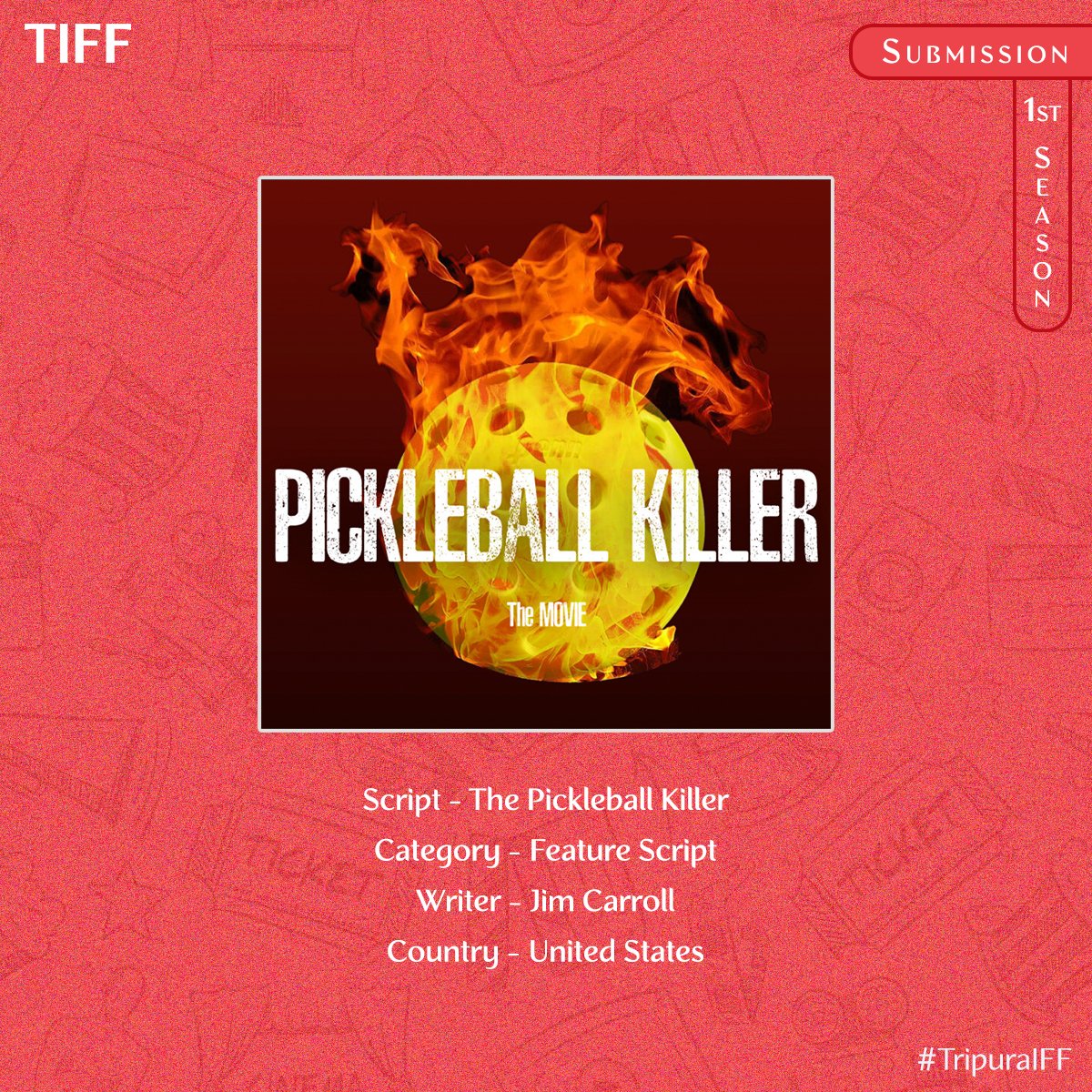 Recently submitted script "The Pickleball Killer" written by Jim Carroll will compete for the Feature Script category of Tripura International Film Festival.

Submit your film/script/photography via @filmfreeway , link in our bio.

Thank you. Good luck.
#TripuraIFF 🎬