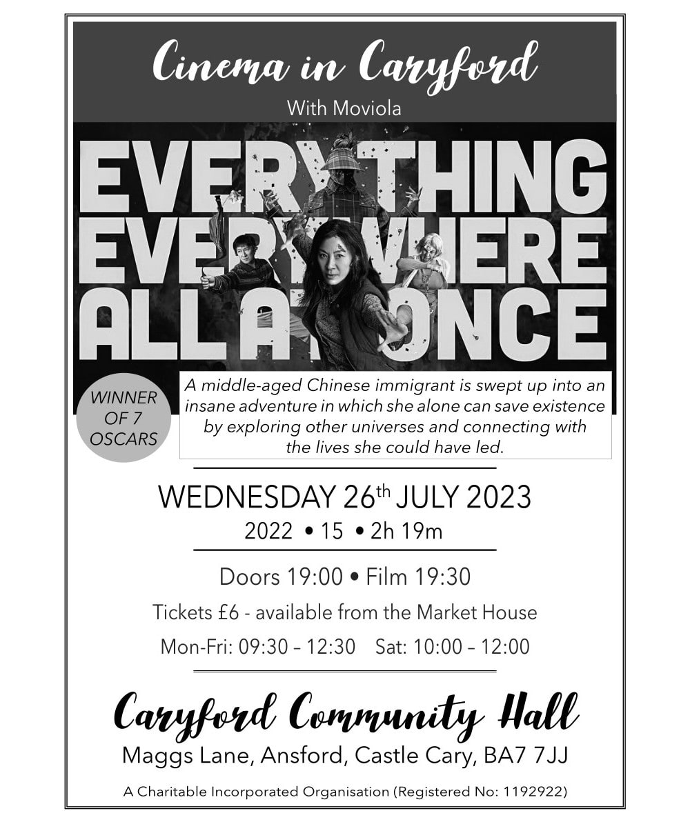 CaryfordHall's tweet photo. Come along to our last film before the summer break - the extraordinary Everything Everywhere All At Once that won 7 Oscars. Cinema in Caryford's projector, screen and PA offer a high quality immersive experience, run by a friendly group of volunteers. Bar/refreshments available. https://t.co/BJOvywJHO3