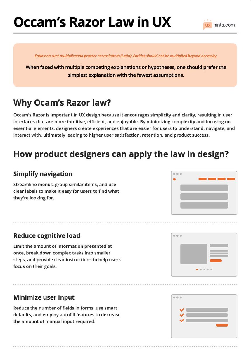 Learn how to use Occam’s Razor Law to improve your UX Designs 🚀🔖
Occam’s Razor is a problem-solving principle stating that the simplest explanation or solution, with the fewest assumptions, is often the most likely to be correct.

Summary:

Why Ocam’s Razor law?
Occam's Razor