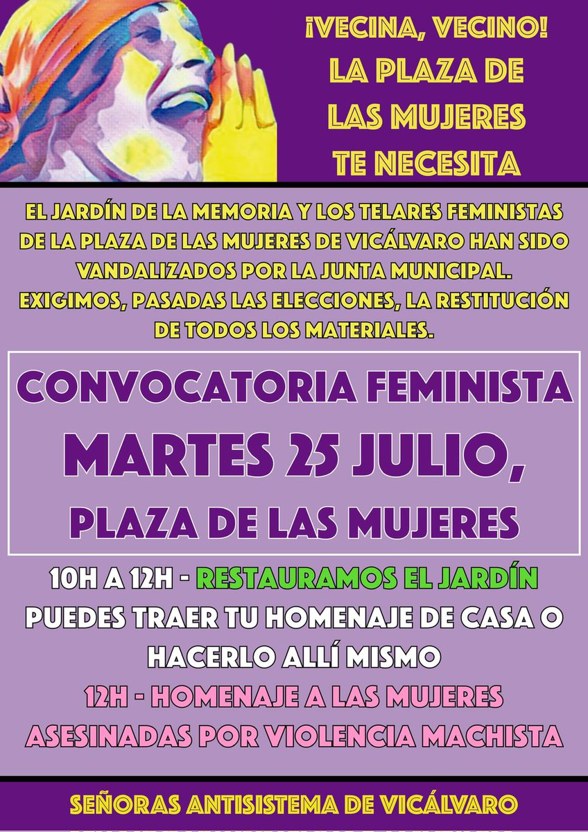 💜 ¡¡ VECINX!!: LA PLAZA DE LAS MUJERES TE NECESITA 💜
La Junta Municipal ha vandalizado la Plaza de las Mujeres, su jardín de memoria y su homenaje a las mujeres asesinadas.