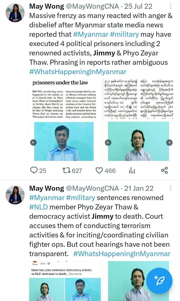 MayWongST's tweet photo. A year ago today, #military executed 4 #Myanmar pro-democracy civilians including renowned political activists Jimmy &amp; Phyo Zeyar Thaw. The execution brought global condemnation. But Myanmar remains under #coup since Feb 2021 https://t.co/gwp3xChsKF #WhatsHappeningInMyanmar https://t.co/mAI2NTdoyh
