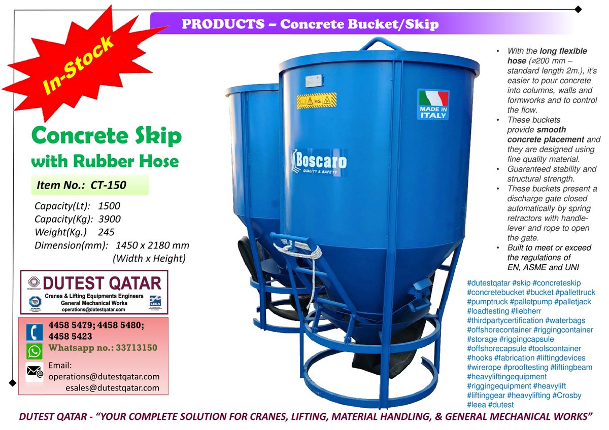 IN STOCK: CONCRETE BUCKET (Concrete Skip with Rubber Hose) - Capacity 3900 Kg. (1500 Lt.).. Call or 'whatsapp' us at 33713150. #dutestqatar #skip #concreteskip #concretebucket #bucket #pallettruck #pumptruck #palletpump #palletjack #loadtesting #liebherr dutestqatar.com