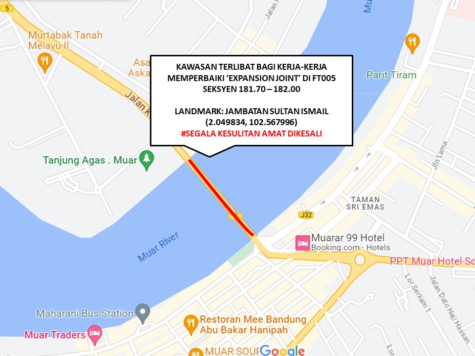 *NOTIS PEMBERITAHUAN*
Pelaksanaan kerja - kerja memperbaiki 'Expansion Joint' di Jalan Johor Bahru - Melaka (FT005) seksyen 181.70 -182.00 pada 24 Julai sehingga 28 Julai 2023.  Penutupan lorong secara berperingkat akan dilakukan Segala kesulitan amat dikesali
#jkrjohor
#jkrmuar