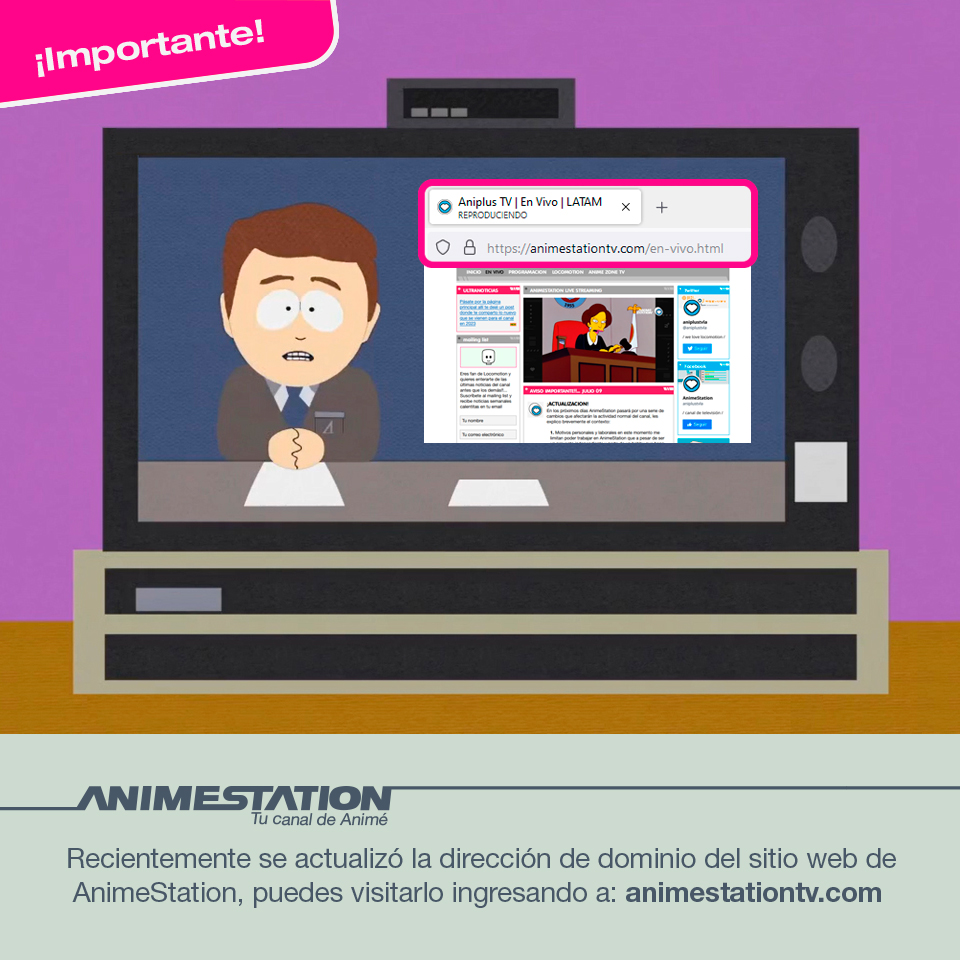 aniplustvla's tweet photo. 🔔¡Aviso Importante!... Se actualizó el dominio del sitio web de @aniplustvla. Ya pueden entrar al sitio web y ver el canal en vivo con total normalidad desde su PC, tableta o teléfono móvil.
Velo en: https://t.co/ylLSYEBeUA 🌐 
#animestationtvla #aniplustvla https://t.co/EZKZIGEtJs