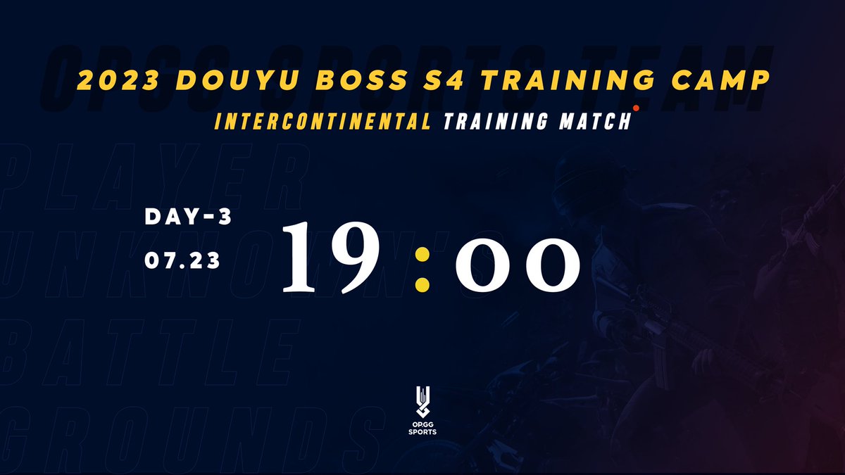 OPGG_SPORTS's tweet photo. [2023 douyu boss s4 training camp Final Day-3]

잠시 후 오피지지 스포츠가 Douyu Boss s4 파이널 3일 차 경기에 출전합니다.
마지막 경기 날인 만큼 끝까지 노력하겠습니다!
팬 여러분의 많은 응원 부탁드립니다.

#OPGGSPORTS #OPGGWIN 
#OPGG_PUBG https://t.co/SYLxXHR1Ss