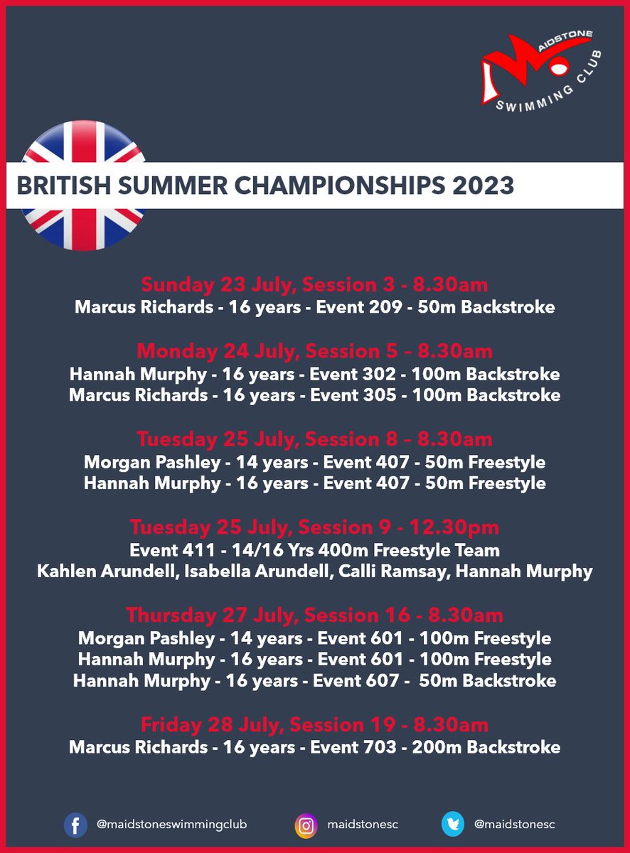 maidstonesc's tweet photo. Good luck to all our swimmers who will be competing in Sheffield this week at the British Summer Championships. 🇬🇧🍀🇬🇧🍀

What an amazing achievement - we are all so proud of you. Marcus is up first this morning in 50 Back. 💥🏊‍♂️

#fastswimming #proudclub #SummerChamps2023 https://t.co/koJBa1j4xt