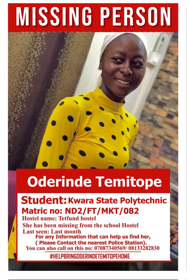 InsideIlorin_NG's tweet photo. This girl, TEMITOPE has been missing since the first week of June, 2023.
She's a student of Kwara state polytechnic, Ilorin, Kwara state.
Last seen: Tetfund hostel

Please, retweet https://t.co/NoEt2mt1s6