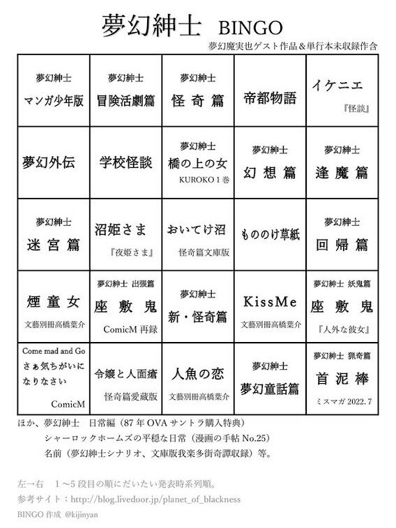 kijinyan's tweet photo. 【みんなで遊んでね】
夢幻紳士ビンゴを作りました。1枚目が単行本、2枚目が夢幻魔実也ゲスト作品や読み切りなども含めたものです。

左→右、一段目からだいたい時系列に並んでいます。高橋葉介布教したいのでよかったらRTお願いします。

#高橋葉介 #夢幻紳士 https://t.co/U7g7t5rNvF