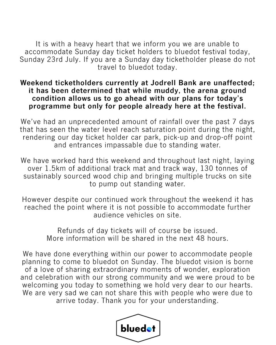 An important update regarding Sunday day ticketholders.