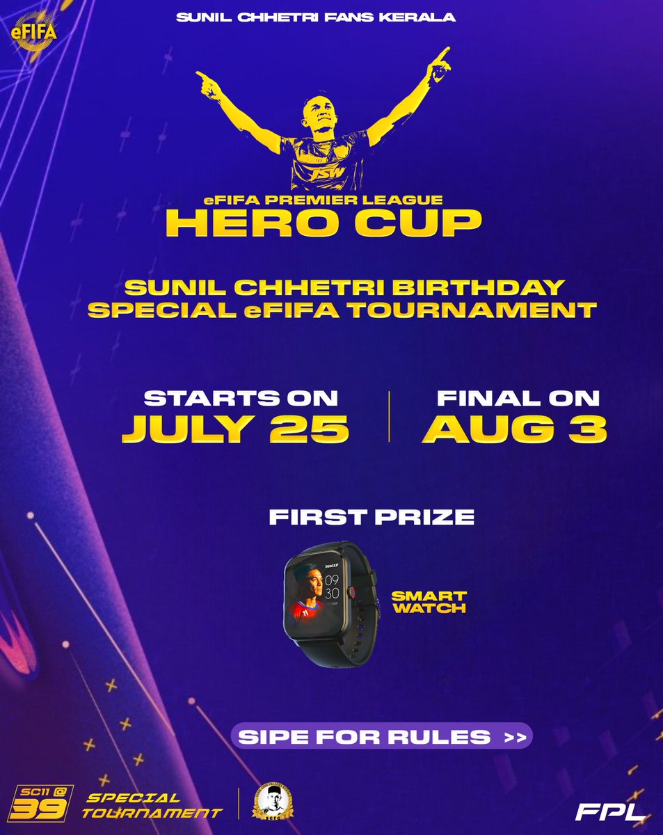 ChhetriFanskl's tweet photo. #sunilchhetri HBD Special Tournament 'Hero Cup'
Final on Aug 3. And Final will Stream live on our Facebook page
Winner will get a Smart Watch
One more slot available. Plz DM us for joining the tournament.
#fpl #fifamobile #fifa23 #indianfootball #scfkl #sc11 #sunilchhetri11 https://t.co/HoL81LT8kS
