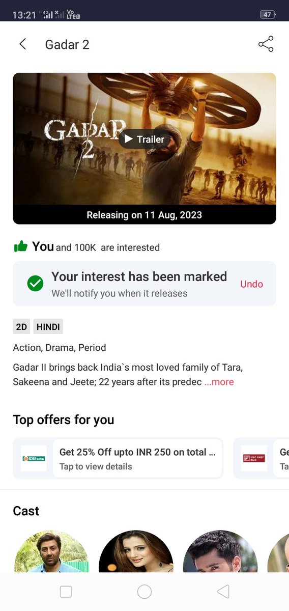 #congratulations to all <a href="/iamsunnydeol/">Sunny Deol</a> fans,Gadar2 has finally crossed its first milestone, Gadar2 has crossed 100K Interests on BMS.but it is very less so before release of Gadar2 there should be 250k interest so all of u mark ur interest for #Gadar2 on #Book_my_show