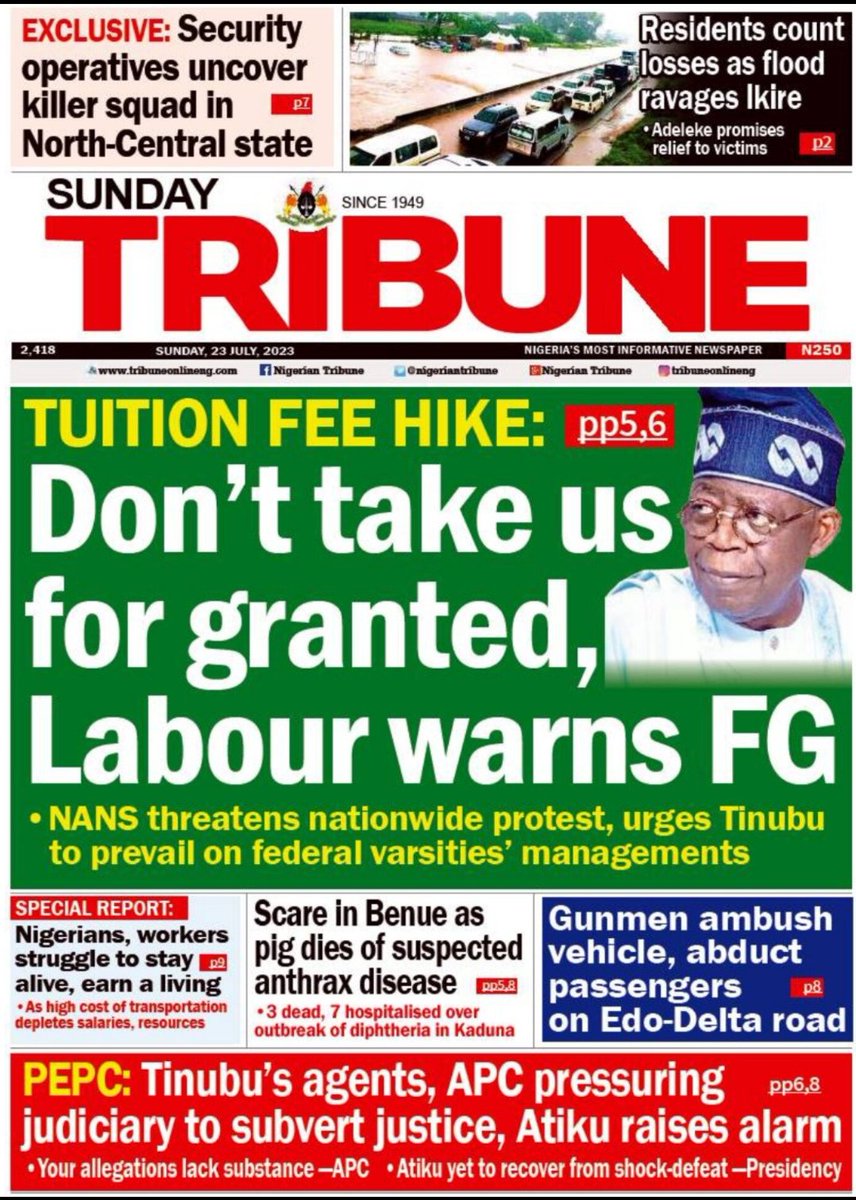 tolaogunnubi's tweet photo. #Sunday #Headlines #Frontpages #newspapers #Nigerians #Abuja #Tinubu #Davido #EndSARS #COAS #YorubaMuslims #Bashir #Reno #Rice #Ruth #Lekki #Tayo #GOAT𓃵 #BrotherBernard #PastorBernard #BreakingNews #DailyNews #News #DSS #Lagos https://t.co/Yo5dPfwufd
