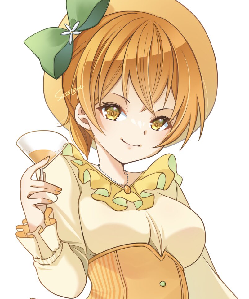 hoshizora rin 1girl solo cup smile hat holding cup yellow eyes  illustration images