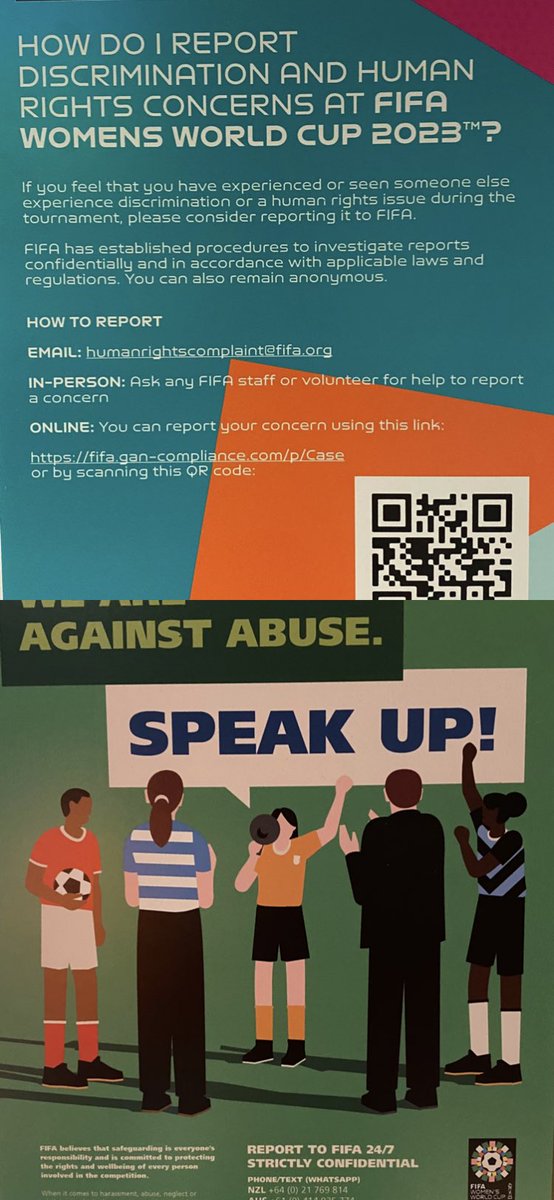 Have you ever seen this at a mega-sporting event? If you want to report abuse, discrimination or a safeguarding concern you can at the #WomensWorldCup! Well done ⁦⁦⁦@FIFAWWC⁩ #humanrights #safeguarding