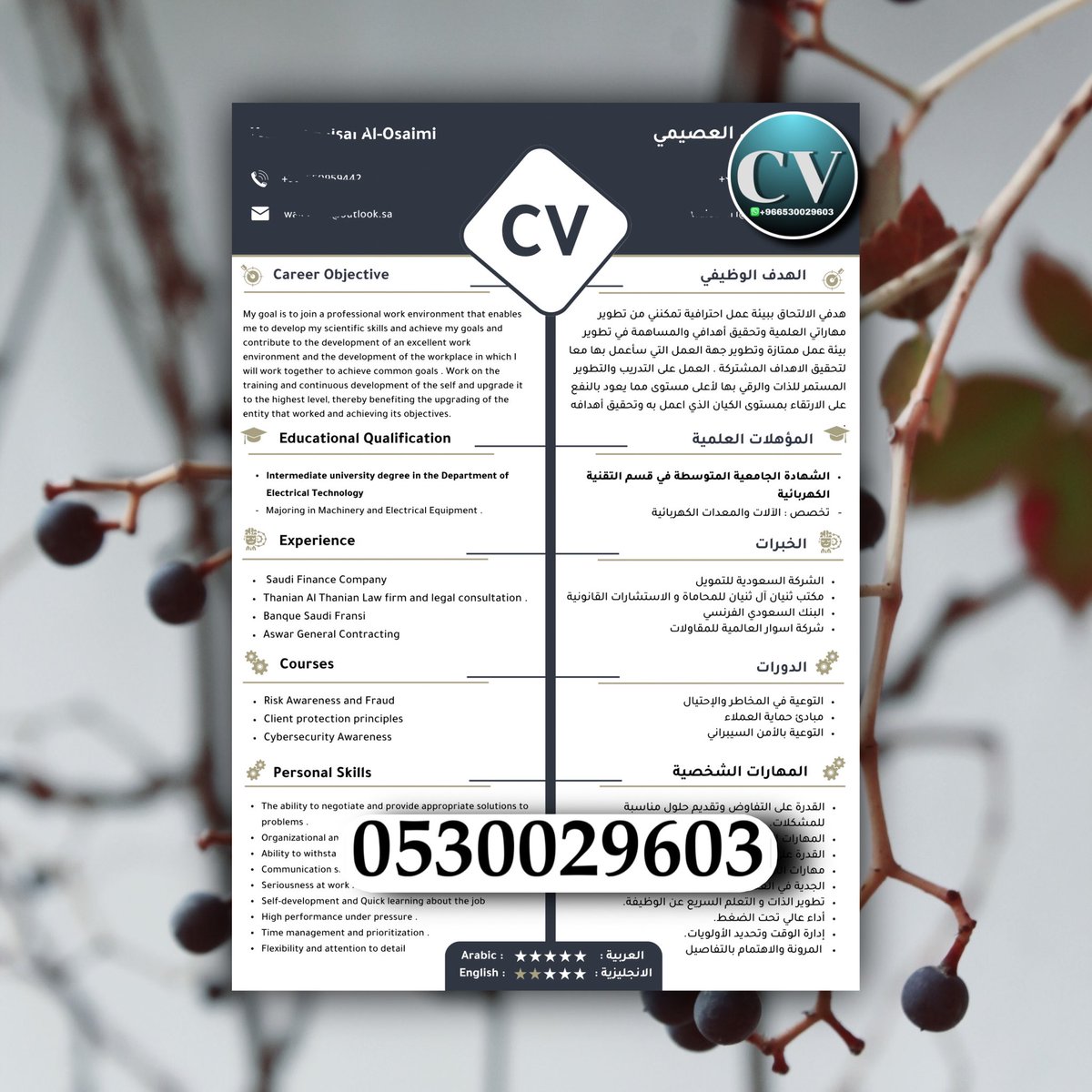 تصميم سيره ذاتيه بشكل احترافي ✔️

باللغة العربية و الانجليزية وباللغتين مدمج 📝

معنا فريق متخصص في الترجمه 🤝

متوفر قوالب حديثة مميزه 📑

لتواصل عبر الواتس اب في البايو 📞📞