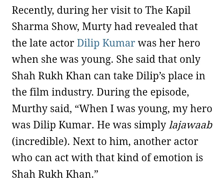 Checo_kingdom's tweet photo. Sudha Murty favourite female actress in recent times #AliaBhatt and male actor #ShahRukhKhan𓃵. Has good taste and eye for good actors. 🤌

Murty said: 'I normally don'tcry in theatre but i cried watching her [Alia Bhatt] in Raazi. She is a really good actor.'❤️✨️

#Goodactors https://t.co/1CEFqdqALk