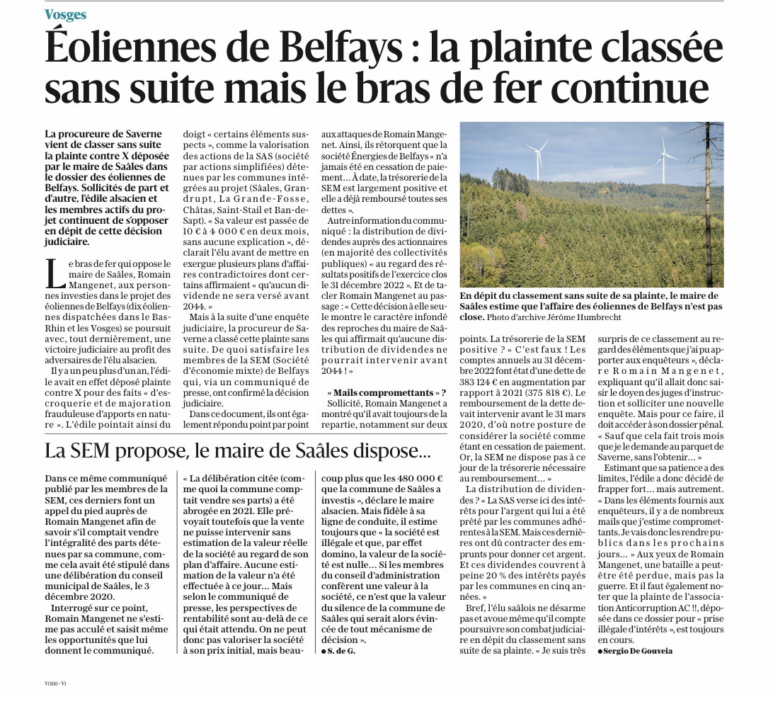 Éoliennes de Belfays la plainte de AC !! Pas classée, mais un regret de AC pas avoir saisie le PNF quand nous voyons le déroulement de cette affaire mais loin d être fini de plus c est a la fin du bal que nous payons les musiciens,comme beaucoup de dossiers que je suis de prêt .
