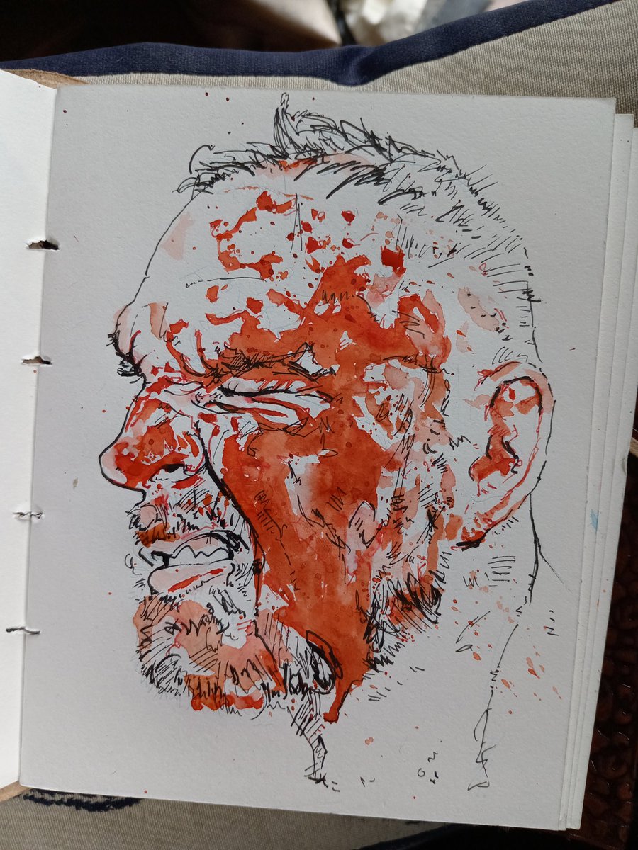 Mox Jonley @aew and @jonmoxley posted a photo after #bloodandguts of a bloody Moxley that I used as reference for this portrait. Fineliners and watercolours in my sketchbook. I'm really loving these looser sketches I've been doing that just uses the blood as the main focus.