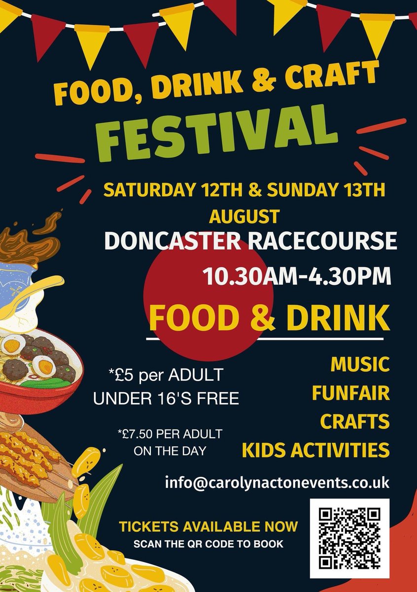 It’s our Food, Drink &amp; Craft Festival at <a href="/DoncasterRaces/">Doncaster Racecourse</a> on the 12th &amp; 13th August.

#Food #drinks #crafts #gifts #music #funfair #cookingdemos #artsandcrafts #familyfun <a href="/VisitDoncaster/">Visit Doncaster</a>