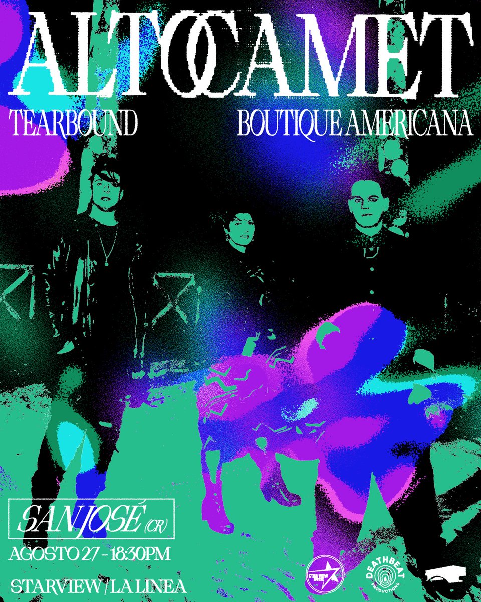 altocamet's tweet photo. MUY felices de anunciarles nuestro 1er show en Costa Rica 🇨🇷 Altocamet en vivo en San José (CR) Dom 27 AGO en STARVIEW / LA LíNEA junto a @Tearbound y @Boutiqueamericana . Invitan @DeathbeatProd y @casadelpuente . #surfistanocturno #CostaRica #shoegaze #dreampop #surfgoth 🏄♂️🌘✨ https://t.co/UMEzIdDMC7