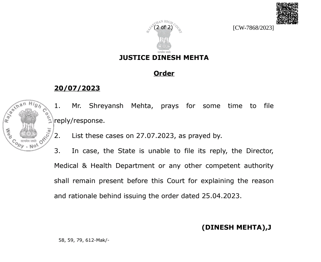 राजस्थान नर्सिंग ऑफिसर भर्ती 2023
कोविड काल में काम करने वालें कार्मिको के बोनस अंको को हाईकोर्ट में चुनौती .. यानि 15 बोनस अंक क्यों एंव कैसे दिये गये हैं यह हाईकोर्ट ने सरकार और स्वास्थ्य विभाग से पूछा है और इस पर 27 जुलाई को सुनवाई होगी।1।
#नर्सेज_11सूत्री_मांगे_पूरी_करो