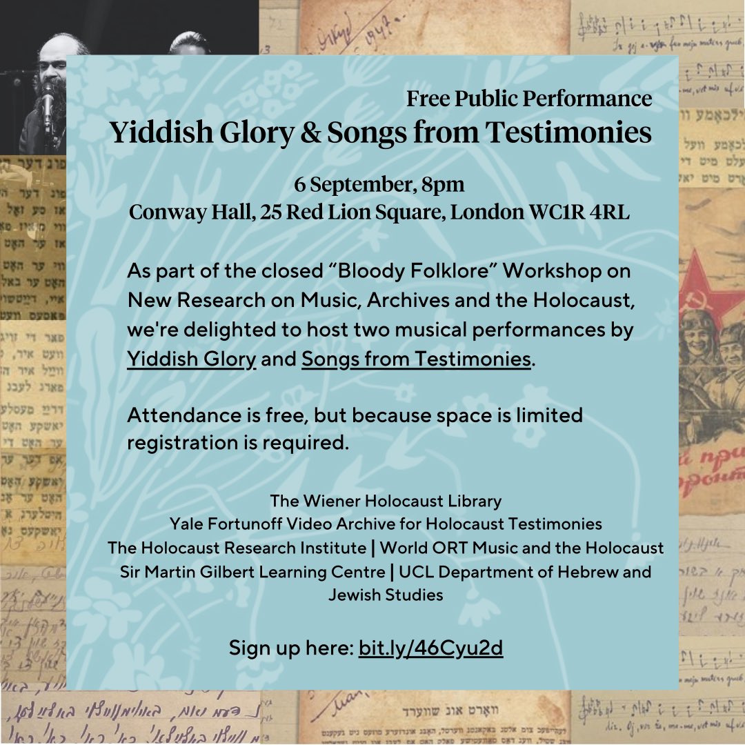 Music and the Holocaust (@holocaust_music) on Twitter photo We invite you to our free musical event in London on 6th Sept, with <a href="/wienerlibrary/">The Wiener Holocaust Library</a> <a href="/RHUL_HRI/">RHUL Holocaust Research Institute</a> <a href="/ucl/">UCL</a> and <a href="/fvaht/">Fortunoff Video Archive</a>. This concert will include performances by musician Zisl Slepovitch from the āSongs From Testimoniesā project and <a href="/YiddishGlory/">Yiddish Glory</a>
Book here: eventbrite.co.uk/e/free-public-⦠We invite you to our free musical event in London on 6th Sept, with <a href="/wienerlibrary/">The Wiener Holocaust Library</a> <a href="/RHUL_HRI/">RHUL Holocaust Research Institute</a> <a href="/ucl/">UCL</a> and <a href="/fvaht/">Fortunoff Video Archive</a>. This concert will include performances by musician Zisl Slepovitch from the āSongs From Testimoniesā project and <a href="/YiddishGlory/">Yiddish Glory</a>
Book here: eventbrite.co.uk/e/free-public-ā¦