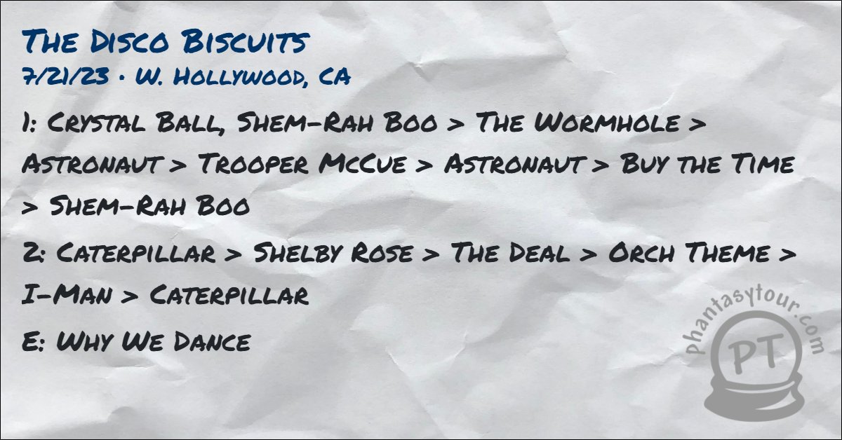 7/21/23 <a href="/disco_biscuits/">The Disco Biscuits 🌲👽🌲</a> at <a href="/FillmoreSF/">The Fillmore</a>

More deetz: ptour.me/bisco-2023-07-…

Tour stats: ptour.me/bisco-stats-20…

#tdbsetlist #tdb #bisco #thediscobiscuits #discobiscuits #sorryifyoudont #theynastybuttheygood #ptsetlists #biscosetlists #biscostats <a href="/phantasytour/">Phantasy Tour</a>