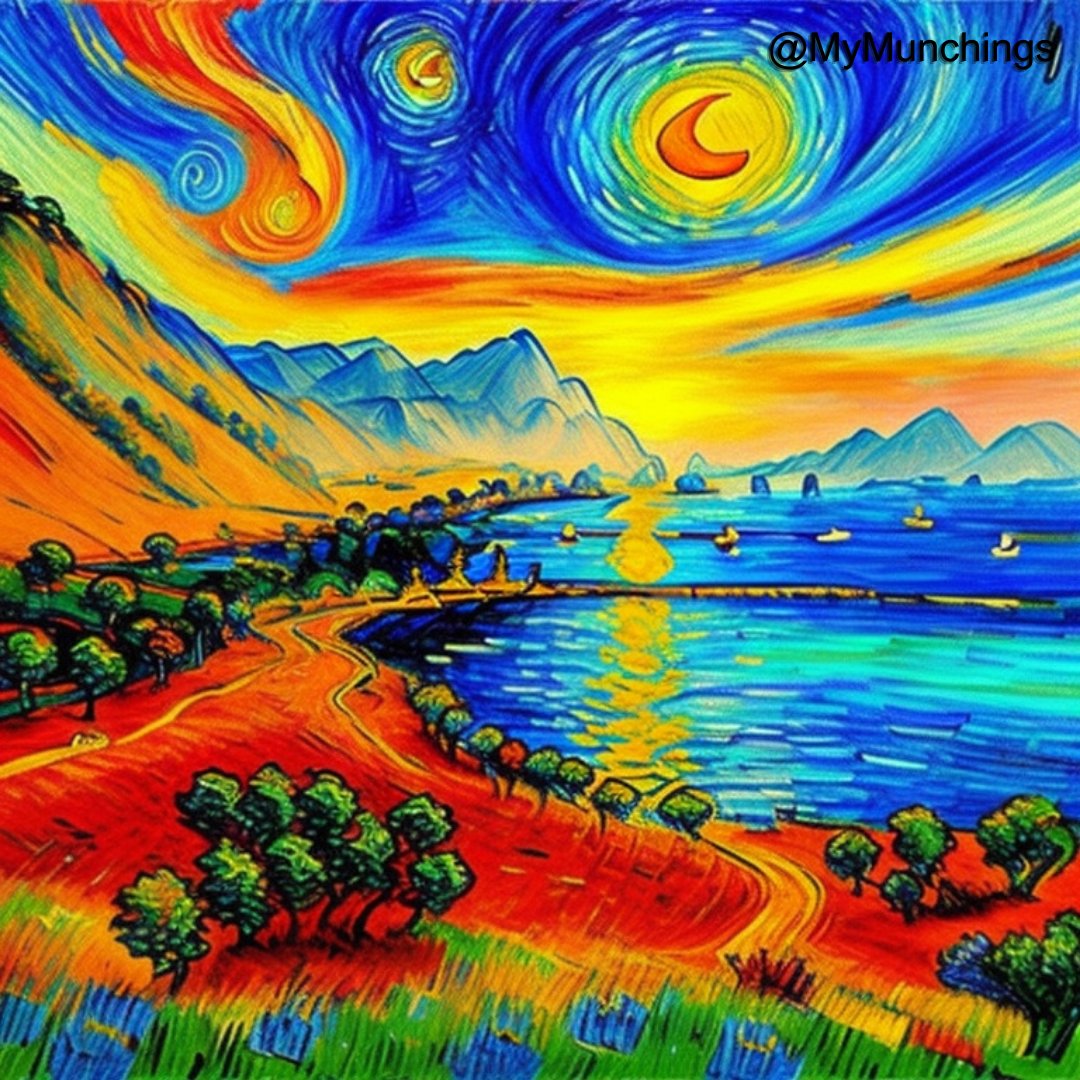 MyMunchings's tweet photo. Starry Sunset Serenade!
In Van Gogh's brush, the sun's farewell kiss paints hills and fields aglow, a celestial symphony woven in hues that only he could bestow.
#MyMunchings #Imagination #Art #DigitalArt #VanGoghInspired #SunsetPainting #CelestialColors #StarrySerenade https://t.co/m2ek24TghM