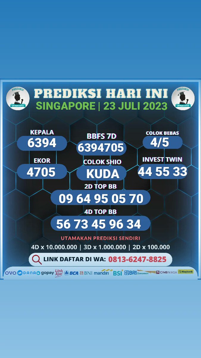 Lulusanpaito888's tweet photo. Prediksi Singapore Minggu, 23 Juli 2023
Tetap UPS dan Salam JP !
Info Prediksi Pasaran Lain Chat WA 081362478825
#rumussingapore #prediksisingapore #keluaransgp #livedrawsgp #sgphariini #totosgp #angkajitusgp #bocoransgp #rumussingapore #syairsgp #slotgacor #pragmaticplay https://t.co/Xf4pmr7064