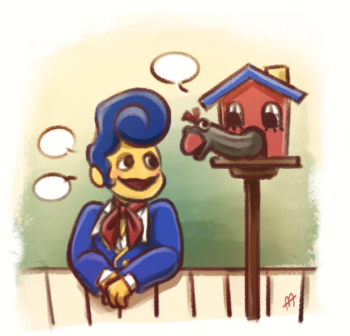 firefly_summers's tweet photo. My brain has been unfriendly, so I decided to draw some friendly friends: Wally Darling from @_PartyCoffin_'s upcoming ARG Welcome Home and Ricky from @Ducky_Szymanski's recently released indie game My Friendly Neighborhood. 

#welcomehome #myfriendlyneighborhood https://t.co/zYJbeEeDgO